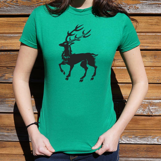 December Stag Prancing Deer Silhouette with Antlers graphic Women's T-Shirt in Lucky Green