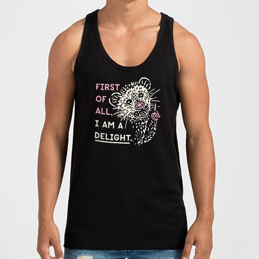 Possum Saying First of All I Am a Delight graphic Men's Tank Top in Black