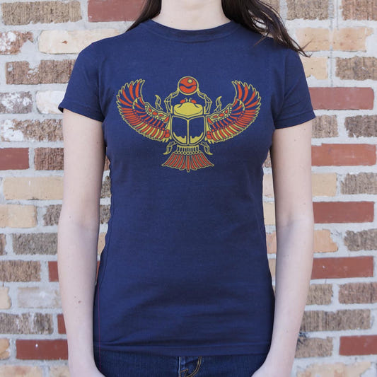 Desert Scarab Winged Egyptian Beetle Graphic Women's T-Shirt in True Navy