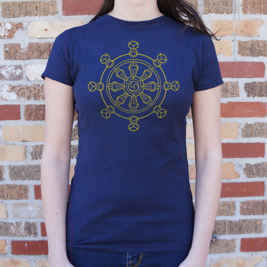 Dharma Wheel Eight Spoked Buddhist Symbol graphic Women's T-Shirt in True Navy