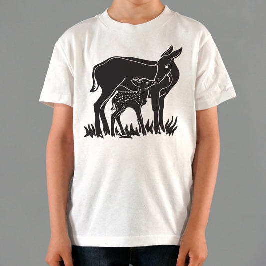 Doe And Fawn Deer Mother and Baby Graphic Kids T-Shirt in White