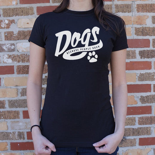 Dogs Because People Suck Retro Script Paw Print Design graphic Women's T-Shirt in Midnight