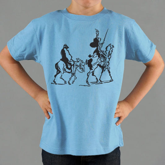 Don Quixote and Sancho Panza on Horseback graphic Kids T-Shirt in Blue