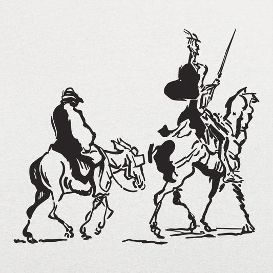 Don Quixote and Sancho Panza on Horseback graphic Unisex Heavyweight T-Shirt in White