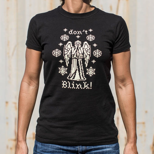 Don't Blink Needlepoint Creepy Christmas Angel Statue graphic Women's T-Shirt in Midnight