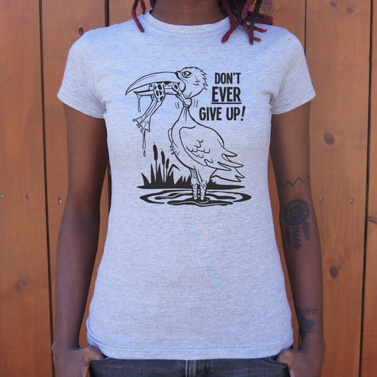 Don't Ever Give Up Stork Eating Frog graphic Women's T-Shirt in Gray Granite