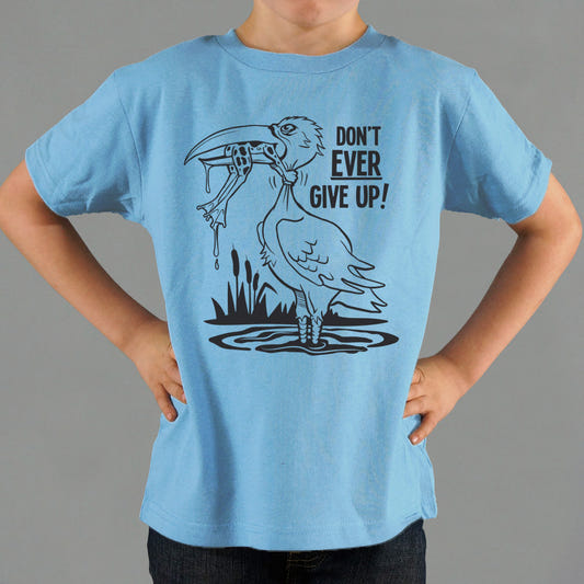 Don't Ever Give Up Stork Eating Frog graphic Kids T-Shirt in Blue