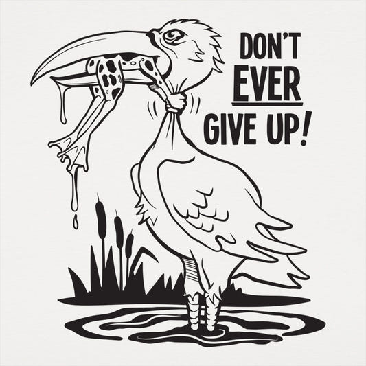 Don't Ever Give Up Stork Eating Frog graphic Unisex Heavyweight T-Shirt in White