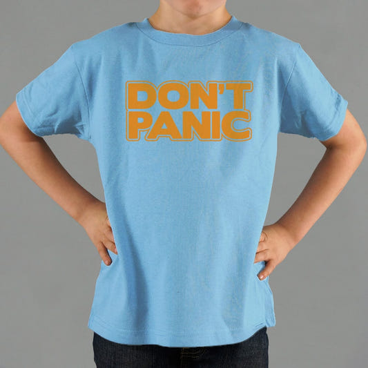 Don't Panic Bold Sci-Fi Galaxy Guide Text graphic Kids T-Shirt in Blue