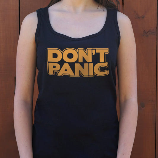 Don't Panic Bold Sci-Fi Galaxy Guide Text graphic Women's Tank Top in Midnight
