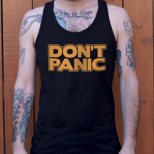 Don't Panic Bold Sci-Fi Galaxy Guide Text graphic Men's Tank Top in Black