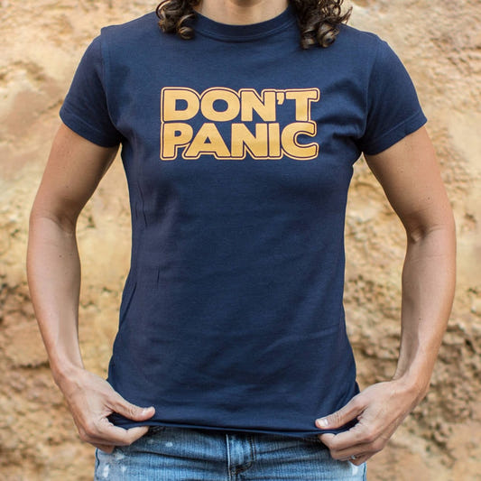 Don't Panic Bold Sci-Fi Galaxy Guide Text graphic Women's T-Shirt in True Navy