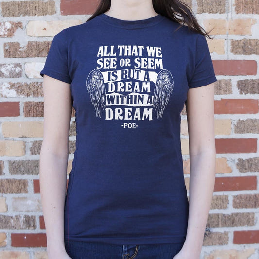 Dream Within A Dream Edgar Allan Poe Quote with Angel Wings graphic Women's T-Shirt in True Navy