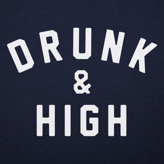 Drunk and High Varsity Letter Print graphic Unisex Heavyweight T-Shirt in Navy Blue