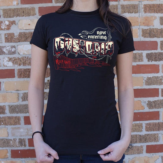 No Entering Dystopia Postcard with Barbed Wire and Walls graphic Women's T-Shirt in Midnight