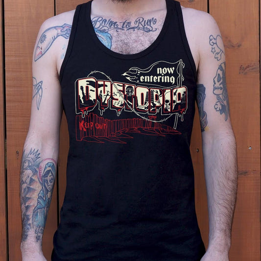 No Entering Dystopia Postcard with Barbed Wire and Walls graphic Men's Tank Top in Black