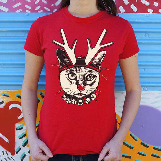 Feline Reindeer Cat with Antlers and Red Nose graphic Women's T-Shirt in Deep Red