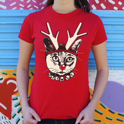 Feline Reindeer Cat with Antlers and Red Nose