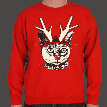 Feline Reindeer Cat with Antlers and Red Nose