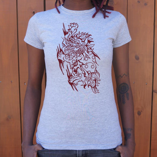 Foo Dog Chinese Guardian Lion Illustration graphic Women's T-Shirt in Gray Granite