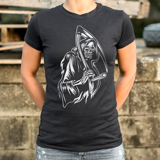 Grin Of The Reaper Grim Reaper Skull with Scythe graphic Women's T-Shirt in Midnight