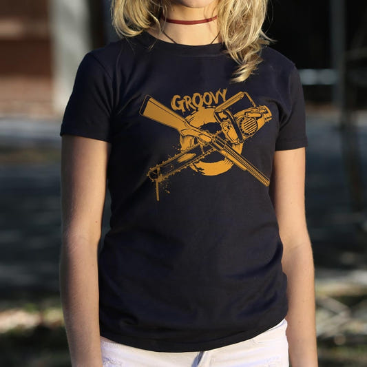 Groovy Chainsaw Hand and Shotgun graphic Women's T-Shirt in Midnight