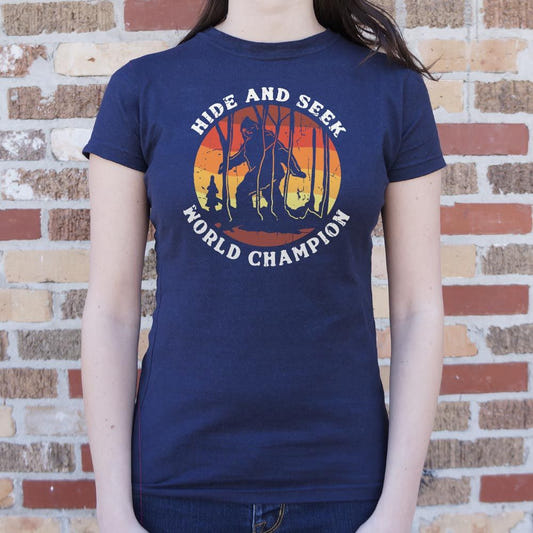 Hide and Seek World Champion - Bigfoot in the Woods graphic Women's T-Shirt in True Navy