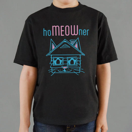 hoMEOWner Cat Face House Pun graphic Kids T-Shirt in Black