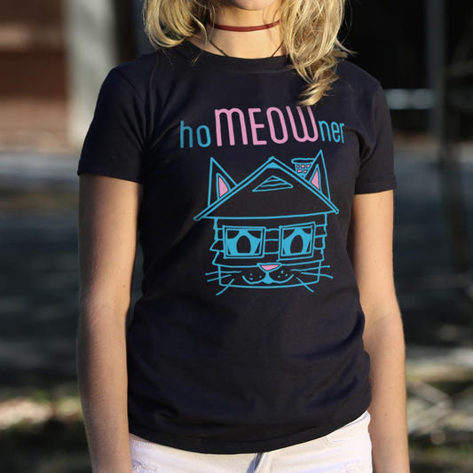 hoMEOWner Cat Face House Pun graphic Women's T-Shirt in Midnight