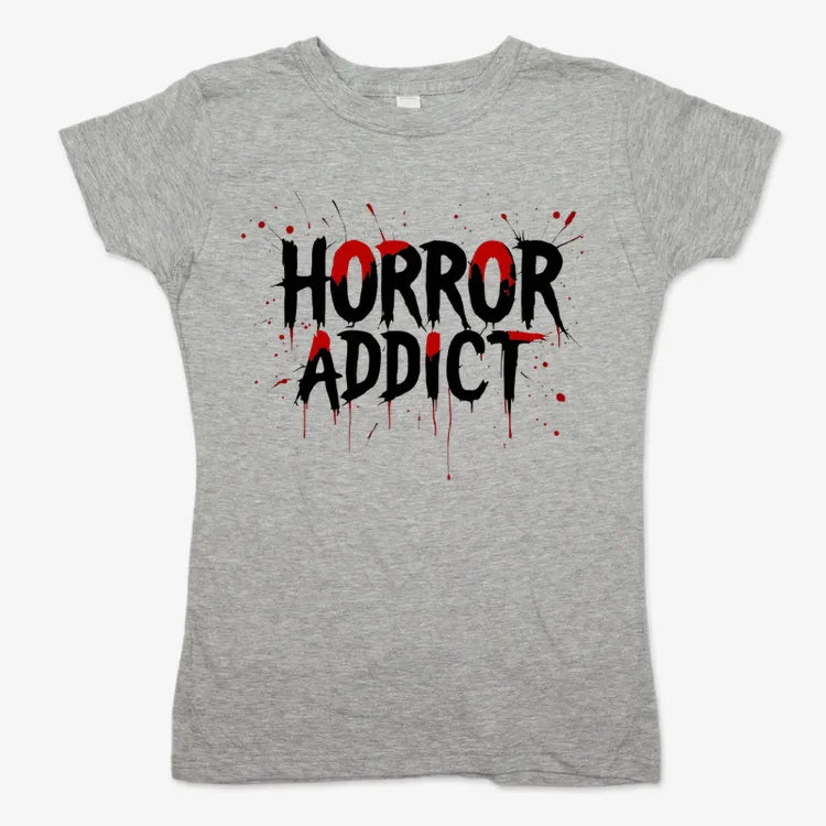Horror Addict Blood Drip Graphic-Women's T-Shirt-Gray Granite