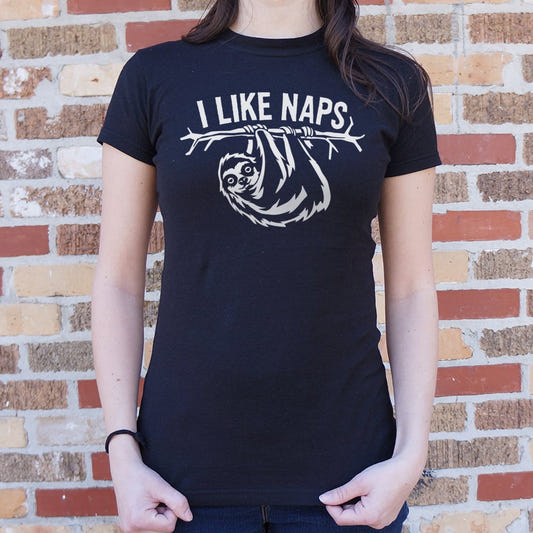 I Like Naps Sloth Hanging from Tree Branch graphic Women's T-Shirt in Midnight