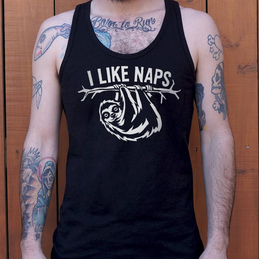 I Like Naps Sloth Hanging from Tree Branch graphic Men's Tank Top in Black