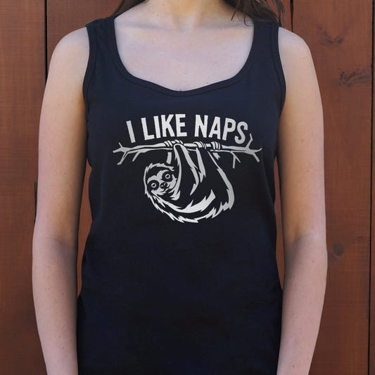I Like Naps Sloth Hanging from Tree Branch graphic Women's Tank Top in Midnight