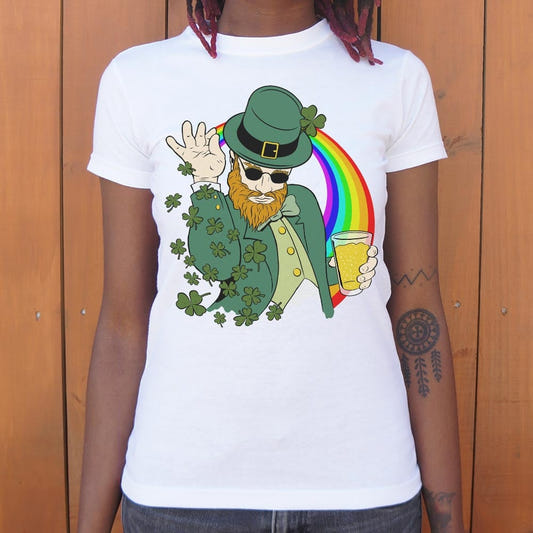 Shenanigans BAE Leprechaun with Sunglasses, Beer, and Rainbow graphic Women's T-Shirt in Snow