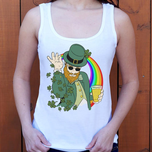Shenanigans BAE Leprechaun with Sunglasses, Beer, and Rainbow graphic Women's Tank Top in Snow