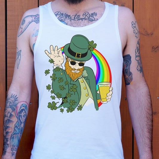Shenanigans BAE Leprechaun with Sunglasses, Beer, and Rainbow graphic Men's Tank Top in White