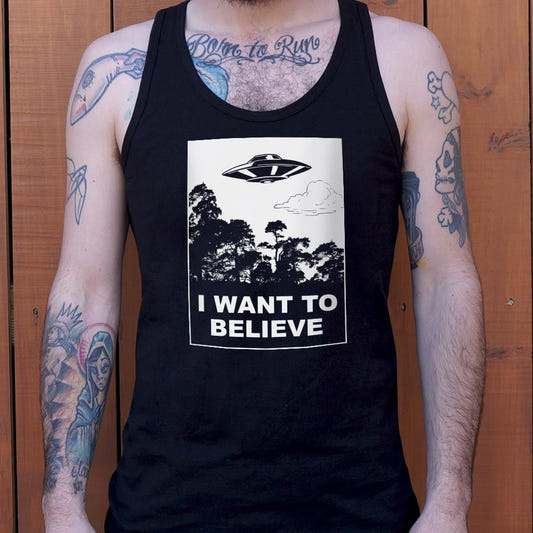 I Want To Believe UFO Flying Over Forest graphic Men's Tank Top in Black