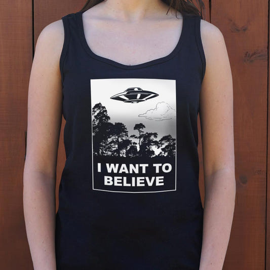 I Want To Believe UFO Flying Over Forest graphic Women's Tank Top in Midnight
