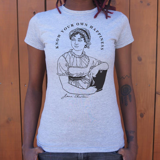 Know Your Own Happiness, Jane Austen Quote Portrait graphic Women's T-Shirt in Gray Granite