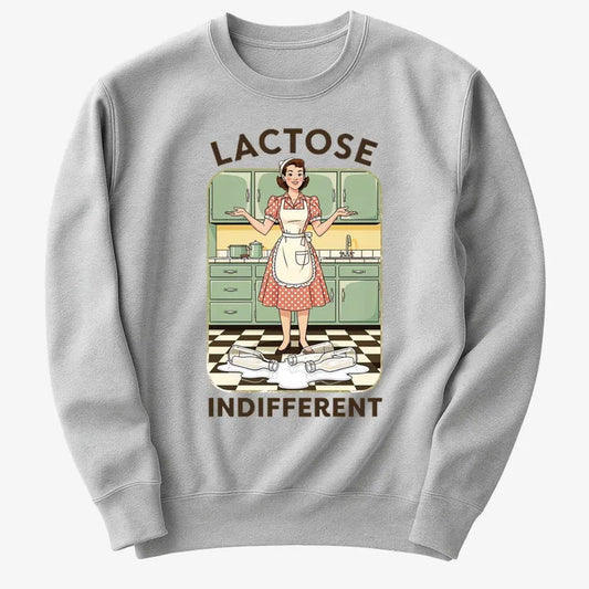 Lactose Indifferent Retro Kitchen Humor-Sweater-Gray Heather