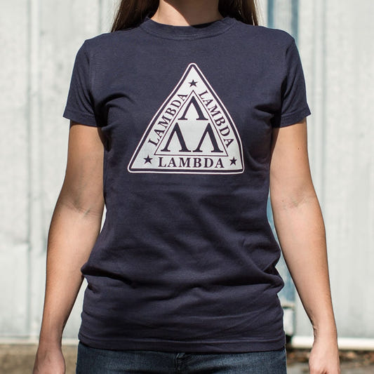 Lambda Lambda Lambda Nerd Fraternity Triangle Crest graphic Women's T-Shirt in True Navy