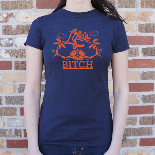 Life's A Bitch Tropical Beach Sunset Design graphic Women's T-Shirt in True Navy