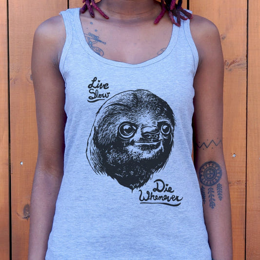 Live Slow Die Whenever Sloth Face graphic Women's Tank Top in Gray Granite
