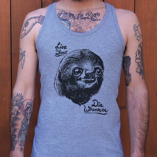 Live Slow Die Whenever Sloth Face graphic Men's Tank Top in Gray Heather