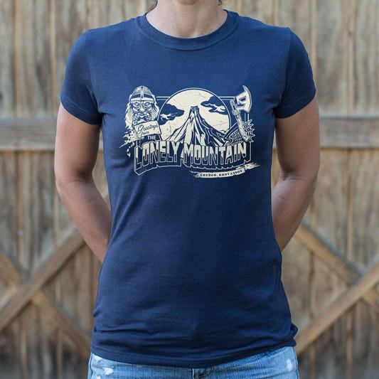 Lonely Mountain Greetings Travel Postcard with Dwarf and Axe graphic Women's T-Shirt in True Navy