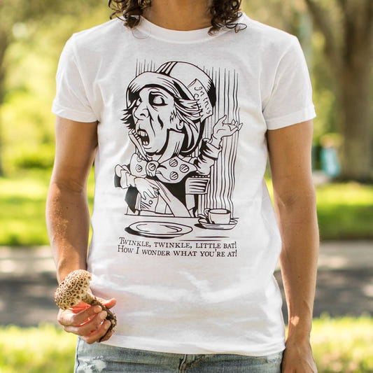 Mad Hatter Singing Twinkle Twinkle Little Bat at Tea Party graphic Women's T-Shirt in Snow