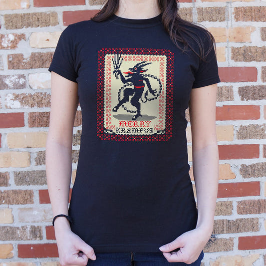 Merry Krampus Christmas Demon in Ugly Sweater Pattern graphic Women's T-Shirt in Midnight