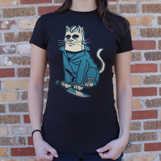 Michael Meowers Masked Killer Cat with Knife graphic Women's T-Shirt in Midnight