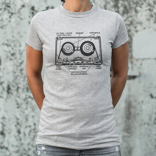 Mix Tape Anatomy Diagram of a Retro Cassette Tape graphic Women's T-Shirt in Gray Granite