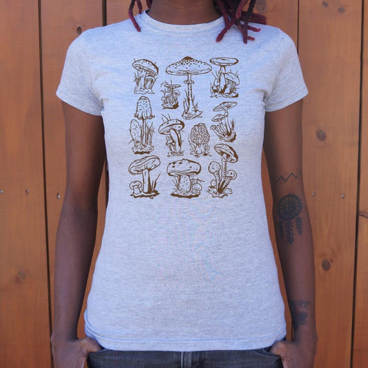 Mushrooms Vintage Botanical Illustration Grid graphic Women's T-Shirt in Gray Granite